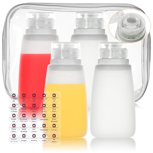 Nacxbwer Condiment Squeeze Bottles for Ketchup Hot Sauce Liquids Oil with Caps for Condensed Milk and Mustard Salad Dressing Dispenser Silicone Bottles (Translucent 4 oz * 4 Pack)