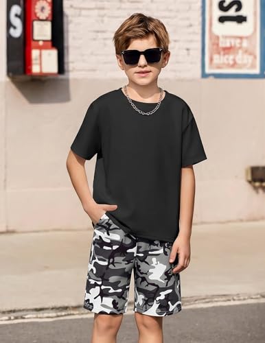 Image of Arshiner Boys Drop Shoulder T-Shirt & Drawstring Waist Shorts Summer Casual Outfits (5-12 Years)