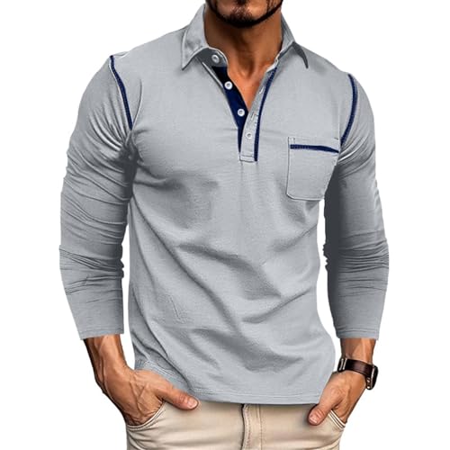 Mens Casual Polo Shirts Classic Long Sleeve Basic Button T-Shirt Lightweight Cotton Golf Tops with Pocket
