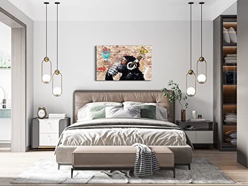 Graffiti Wall Decor Banksy Canvas Wall Art Print Dj Thinking Monkey With Headphones Painting Artwork Pop Street Graffiti Poster Framed Colorful Picture For Home Music Room Decoration - 12X18 Inch #TOP5