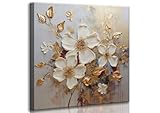 Abstract White Gold Flower Canvas Wall Art Modern Elegant Gold Leaf Floral Botanical Paintings Pictures Wall Decor Poster Print Artwork for Living Room Bedroom Home Decoration