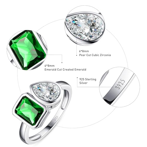 Toi Et Moi Ring 925 Sterling Silver Emerald/Aquamarine Engagement Ring For Women 6x8mm Double Stone Ring Emerald Shape & Pear Cut Cubic Zirconia Wedding Ring Width Band 1.9mm Size 5-92