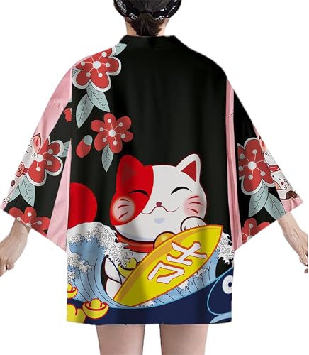 Image of LAI MENG FIVE CATS Women's Lucky Cat Cardigan Kimono Loose Cover up Casual Blouse Cute Tops