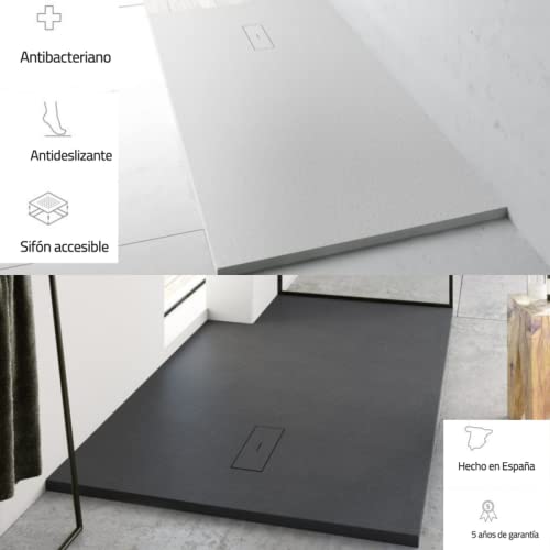 Plato de ducha resina diseño exclusivo GRIS MARFIL Extraplano, incluye válvula con tapa imantada, todas las medidas disponibles. 5 Años de garantía. Textura pizarra antideslizante C-3.Capa de GEL COAT