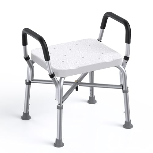 Shower Chair and Padded Arms, Adjustable Height Bath Stool with Nonslip Feet, Tub Chair for Elderly, Bath Seat with Back, 350 LB Weight Cap