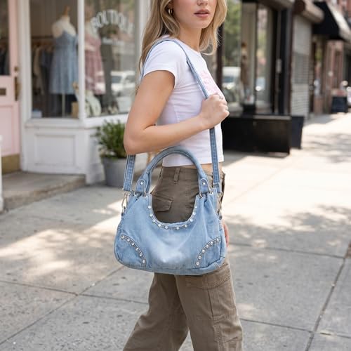 Image of Fashion Crossbody Bag Denim Purse with Rhinestones Y2K Jean Handbag for Women | Washed Denim