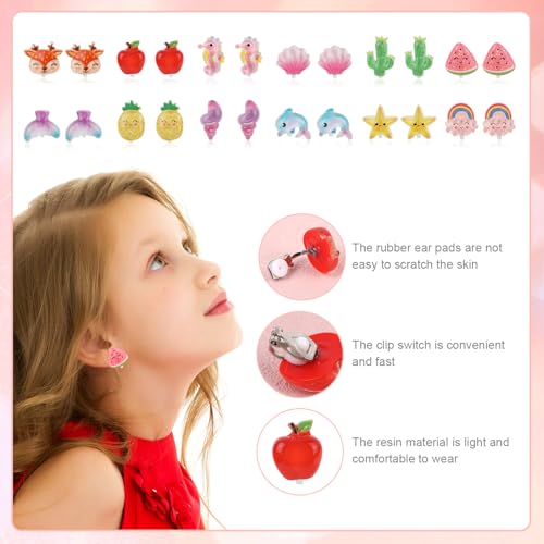 12 Pairs Clip On Earrings for Little Girls, Princess Clip Earrings Clip On Earring And Earring Set Non Pierced Earrings Dress up Jewelry Accessories for Toddler Kids (Fruit Animals)4