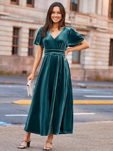 Image of Simplee Women's Velvet Maxi Dress V Neck Short Sleeve Empire Waist Semi Formal Long Cocktail Dresses
