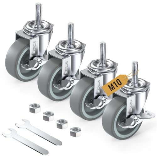 HOLKIE Lenkrollen 75mm (3 Zoll) mit Bremsen Möbelrollen Transportrollen, M10 x 1,5 x 30mm (Schaftdurchmesser 10mm, Schaftlänge 30mm) Schwerlastrollen Gummirollen 4er Set Rollen für Möbel Grau