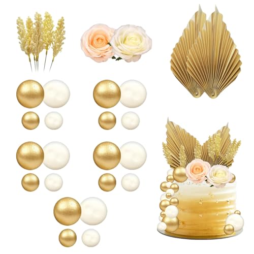 Dinghaole 30 Pcs Boho Cake Decorations, Champagne Rose Cake Decoration Balls, Balloon Cake Foam Ball Cake Picks Cupcake Faux Pearl Balls, Gold Ball Cake Decoration Boho Party Supplies