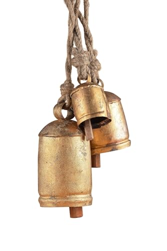 Bellshub Giant Harmony Cow Bells – Handmade Vintage Rustic Hanging Bells on Rope Lucky Décor for Christmas, Farmhouse, Garden, & Wind Chimes – Antique-Style Metal Craft Bells (Set of 3)