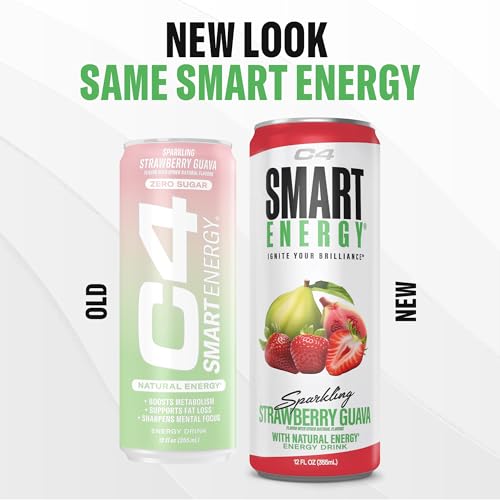 Image of C4 Smart Energy Drink - Sugar Free Performance Fuel & Nootropic Brain Booster, Coffee Substitute or Alternative | Strawberry Guava 12 Oz - 12 Pack