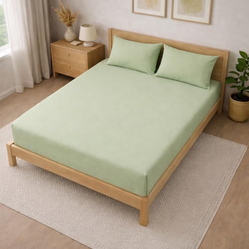 Image of THE HOME STYLE Solid Plain Cotton Feel Fitted Bedsheet (72x78 inches) with Reversible Comforter (90x100 inches) | King Size | 2 Pillow Covers | 300 TC | 4-Piece Bedding Set (Sage Green)