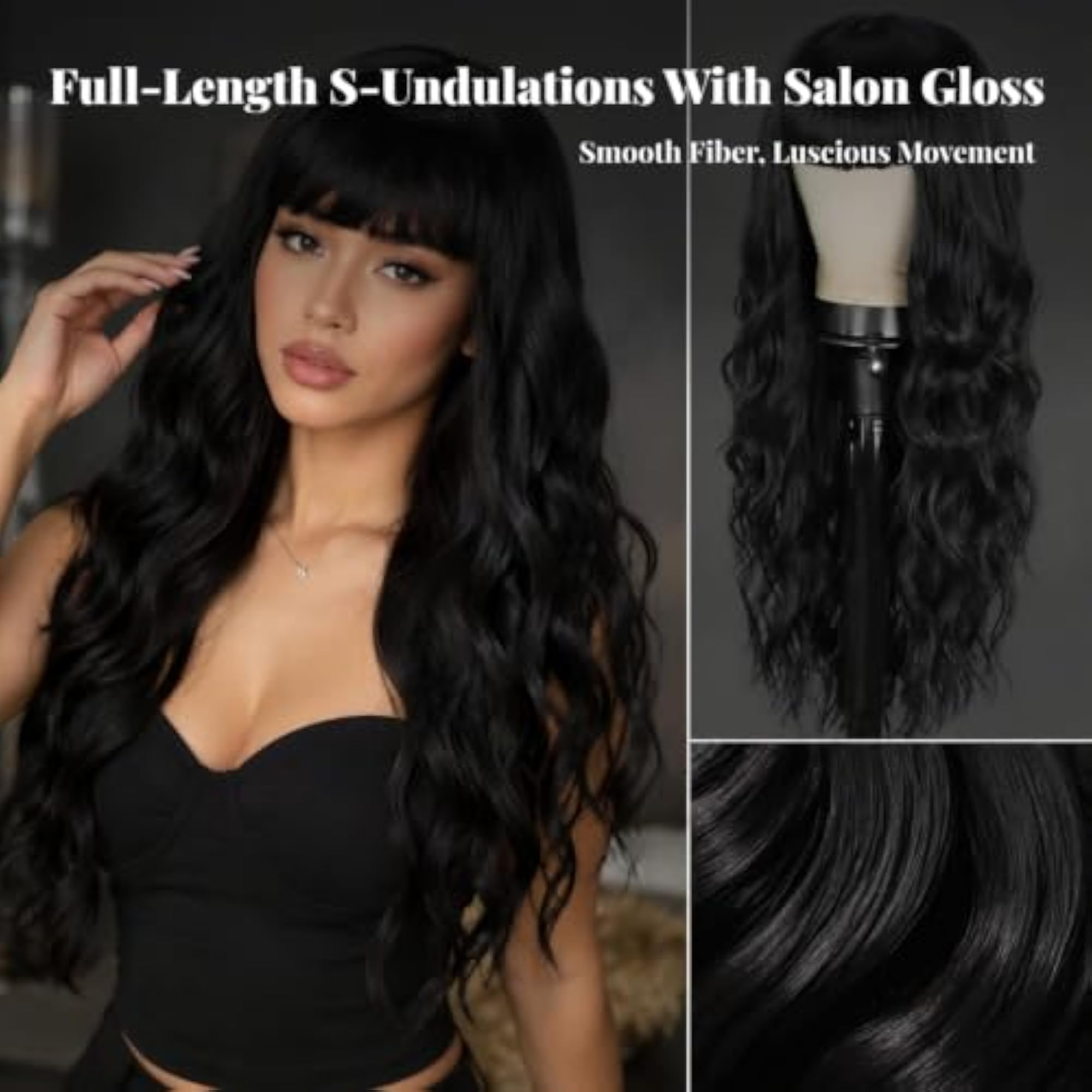 Women's Heat-Resistant Long Wavy Synthetic Hairpiece with Bangs