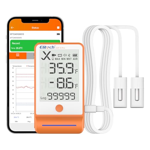 Elitech Bluetooth Thermometer Data Logger Temperature for Refrigerator with Shadow Data 100000 Points Export PDF/CSV Report, Pharmacy Vaccine DDL Certificate, MAX MIN with Dual Probe, GSP-6G-TDE
