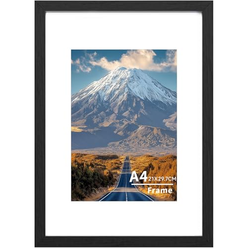 A4 Frame,A4 Wooden Picture Frame,Wall Mount or Tabletop 21x 29.7CM Poster Frames, Photo Frame with Acrylic Glass (Not Glass), Landscape or Portrait, A4 Black Frames with A5 Mount,1 Pack