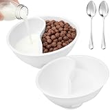 Divided Cereal Bowl Set of 2, Anti Soggy Cereal Bowl with 2 Spoons, Compartment Separator Dip Bowls, White Never Soggy Reusable Snack Split Plate Combo, Stackable Serving for Milk Chip, Soup, Sandwich