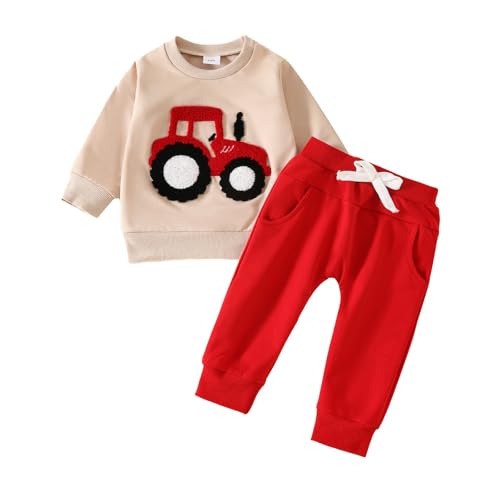 Trajes De Baño Juveniles Conjunto de Ropa para bebé de 2 Piezas, chándal con diseño de Tractor y Coche para bebé niño, Sudadera de Manga Larga y Pantalones, Conjunto de Ropa para (Red, 18-24 Months)