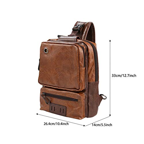 OUTLEYNY Men's Sling Bag, Crossbody PU Leather Shoulder Backpack with USB Charging Port, Vintage Chest Bag for Men(Brown)