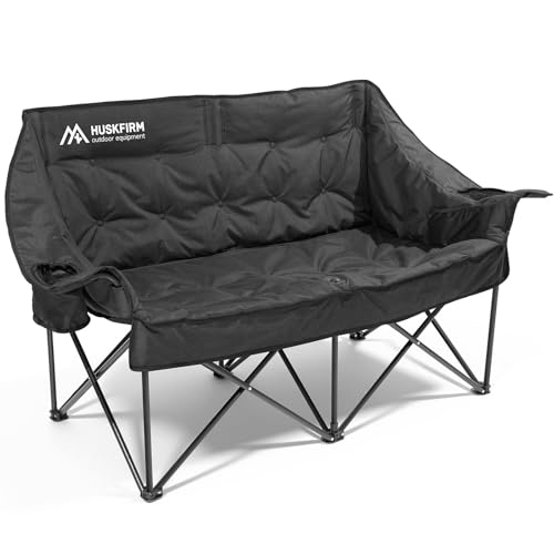 Double Camping Chair Padded Camping Chairs Heavy Duty 2 Person Camping Chair Oversized Loveseat Camping Chair with Cup Holders Camping Couch Support 800LBS,Black