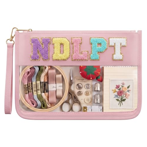 Klyyo Clyro Needlepoint Project Bag Clear Embroidery Sewing Bag Sewing Craft Organizer Storage Chenille Letter Zipper Pouch for Quilting Embroidery Knitting Stitching Cross Stitch Crochet (Pink)