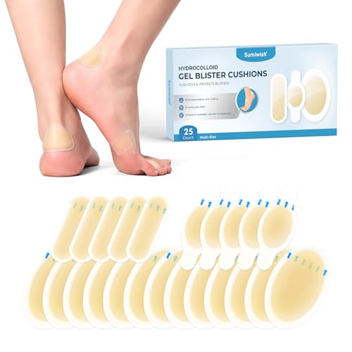 Sumiwish apósitos para ampollas - 25ct apósitos hidrocoloides para una curación más rápida - Impermeables, duraderos y con diseño fácil de llevar - Para dedos de los pies, talones y dedos