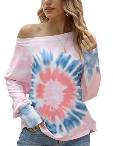 kayamiya Women's Tie Dye Shirts Off The Shoulder Tops Casual Long Sleeve Loose Sweatshirt Pullover Pink Small