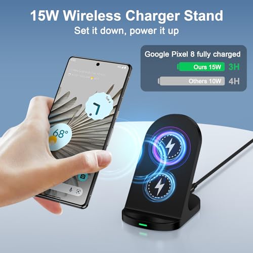 Induktive Ladestation, 15W Schnelles Wireless Charger Stand für Google Pixel 8/8 Pro/7/7 Pro, Handy Kabelloses Ladegerät für Samsung Galaxy S24/S23 Ultra/S22/S21/S20/Z Flip 5/Z Flip 4, iPhone 15/14/13 – Bild 4