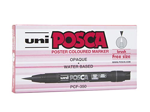 POSCA, UNI, Caneta Marcador PCF-350, Ponta Brush, Tipo Pincel, Preta, Caixa com 5 unidades