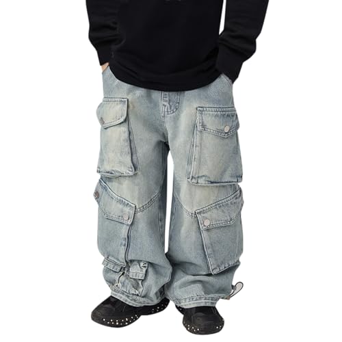 Boys Cargo Jeans Baggy Trousers Wide Leg Jeans Demin Pants with Pockets Kids Casual Distressed (Light Blue, 11-12 Years)