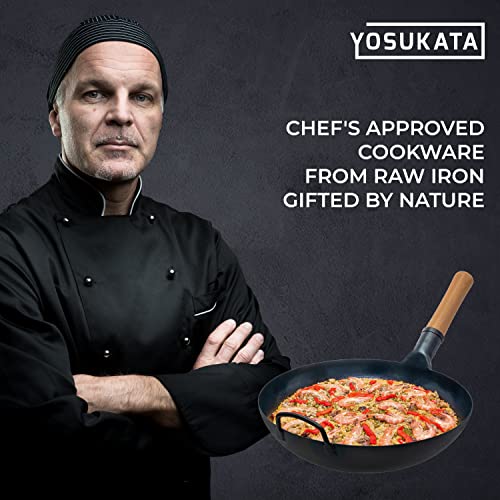 Yosukata Flat Bottom Wok Pan - 13.5" Blue Carbon Steel Wok - Preseasoned Carbon Steel Skillet - Traditional Japanese Cookware - Carbon Steel Pan For Electric Induction Cooktops Woks And Stir Fry Pans #TOP6