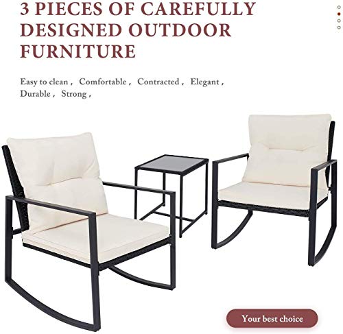 Oakmont 3-Piece Outdoor Rocking Chair Patio Furniture Bistro Sets Two Chairs with Glass Coffee Table, All-Weather Steel Frame(Beige)