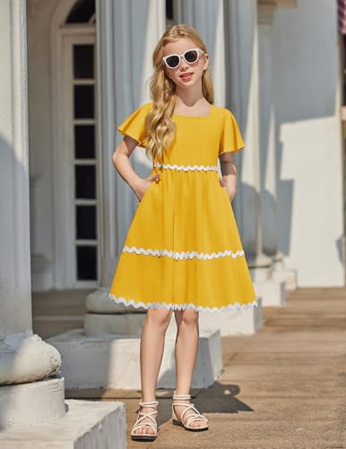 Arshiner Girls Summer Dress Flutter RIC Rac Tiered Short Sleeve Square Neck Casual Midi Dresses with Pockets3