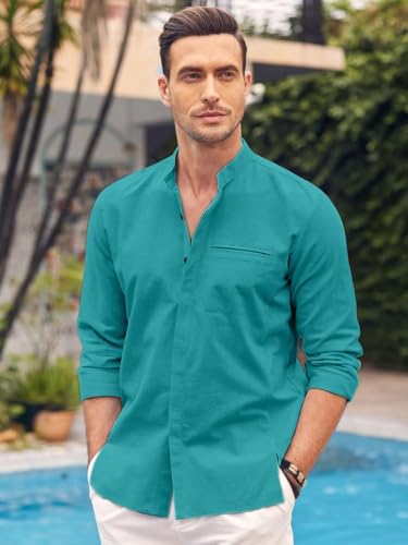 Image of Mens Casual Button Down Shirt | Cotton Luster Long Sleeves Shirts | Mandarin Collared Shirts