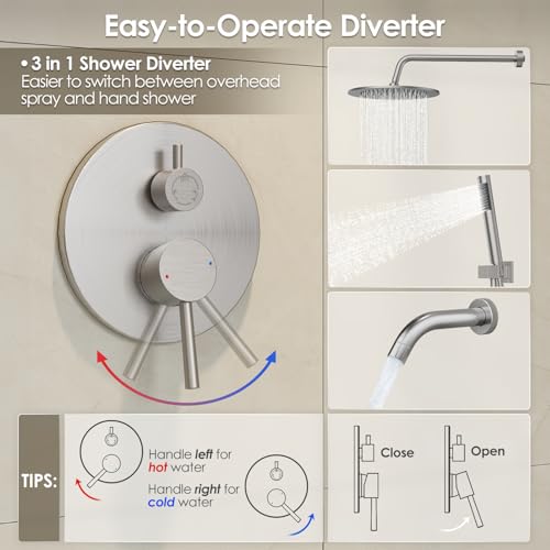 Image of Gabrylly Bathtub Shower Faucet Set, Tub Shower System with 3-Way Shower Valve, High Pressure 10 inch Rain Shower head with Handheld Spray Combo, Wall Mounted Rainfall Shower Head Set, Brushed Nickel