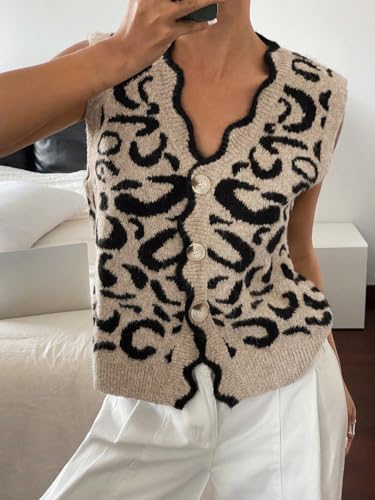 WDIRARA Women's Leopard Print Button Down Sweater Vest V Neck Sleeveless Cardigan Scallop Trim Knit Tops4