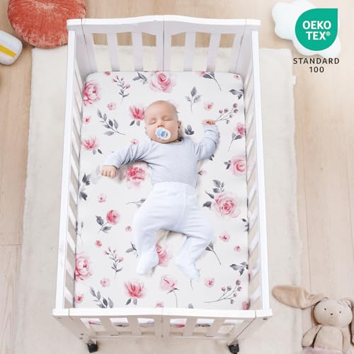Image of david's kids 3 Pack Mini Crib Sheets, Soft Breathable Premium Pack N Play Sheets for Baby Boys Girls Neutral, Playard and Mini Crib Mattresses, Floral Flowers