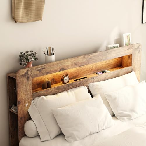 Image of Bellemave Rustic Vintage Queen Size Bed Frame with Bookshelves,Storage Headboard and Charging Station,Wooden Platform Bed Frame Queen Size with LED Lights and Wood Slats,Easy Assembly,Dark Brown