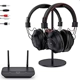 HSPRO Dual Wireless Headphones for TV Watching Set of 2 with Transmitter & Headset St&, 296ft Range with Optical, AUX, RCA & USB Output, High Volume Control, 30Hrs Playtime, No Delay, Duet Black TH15