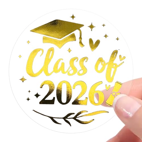 100 x Class of 2026 Foil Stickers Graduation Envelope Seals Real Foil Clear Stickers for Graduation Party Congratulations Congrats Tag Labels 1.6 inch (Gold)