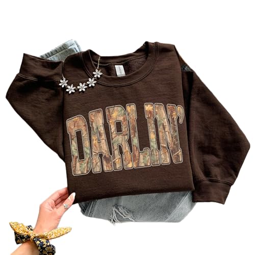Western Cowgirl Darlin Camouflage Letter Sweatshirt Dark Chocolate Country Style Womens Hunting Camo Pullover Crewneck