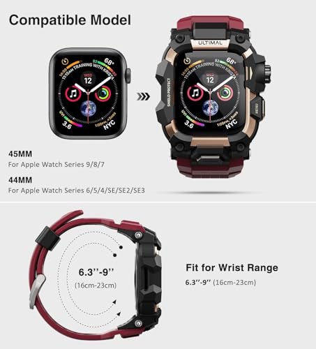 Image of ULTIMAL Rugged Case with Band for Apple Watch 44mm,Compatible with Apple Watch Series SE 3 /SE 2 /SE Generation /6 /5 /4, Military Grade Shockproof Bumper Cover for iWatch Tactical Band Men (44mm,Red)