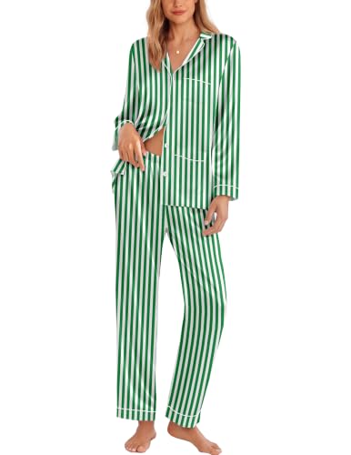 Image of Ekouaer Pajamas for Women Silk Satin Button Down Long Sleeve Pajama Sets