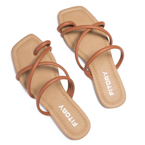 FITORY Women's Slide Sandals Toe Ring Thongs Cross Strappy Flat | Slip On Square Open Toe Cute Slides,Dressy Casual Shoes,Comfortable Cushioned Insole,Beach Flip Flops,Summer Vacation