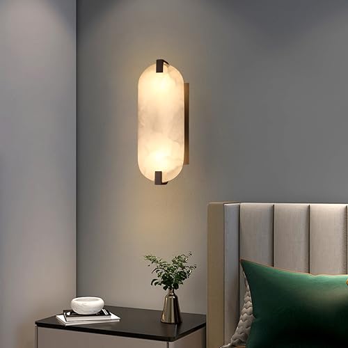 Image of 2 Pack 2 Light 12.7 inch Round Natural Oval Alabaster Bathroom Wall Sconce Modern Concise Style Wall Light Fixture,Oil Rubbed Bronze Finish for Bedroom Hallway Bedside Living Room