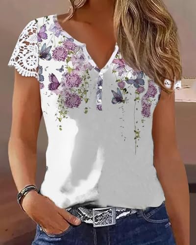 Womens Floral Print Notch Neck Contrast Lace Patch Shirt Breathable Summer Comfort Casual Daily Beach Vacation Office Outfit
