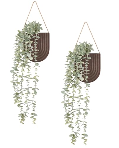 Dahey 2 Pack Wood Wall Vase with Fake Eucalyptus Plants, Modern Farmhouse Boho Wall Hanging Decor Planter for Artificial Plants Living Room Bedroom Bathroom Kitchen Home Office Decoration, Brown