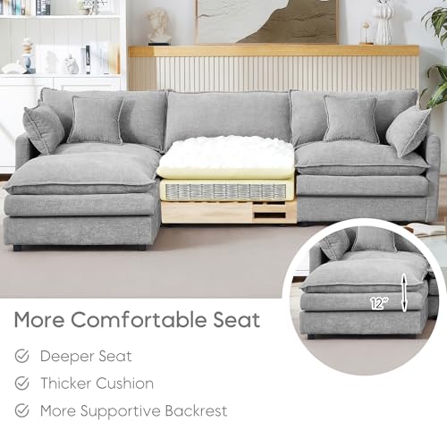 Image of 102 inch L Shaped Modular Sectional Sofa, Comfy Upholstery Chenille Cloud Couch with Ottoman, Modern 4-Seat Deep Seat Sofa with Pillow for Living Room, Bedroom, Apartment, Grey