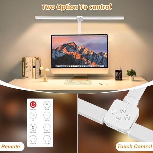 Image of LED Desk Lamp for Office Dorm Home - Eye Caring Desk Light with Timer, Remote Control 24W Brightest Dual Screen Computer Monitor Gooseneck Dimmable Table lamp with Anti-Glare Cover Clamp & Base