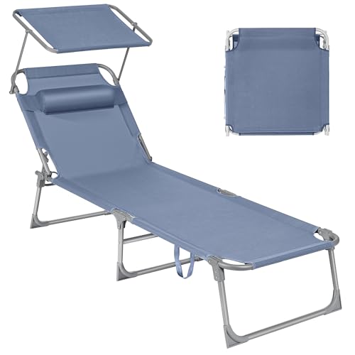 SONGMICS GCB192Q01 Chaise Longue Pliante 193 x 53 x 29 cm Supporte jusqu'à 150 kg Coussin de Protection Solaire Dossier réglable pour Jardin, Piscine,...